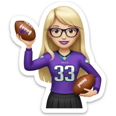 full length women wearing eagles uniform, long blonde hair, straight bangs, black glasses, holding football, number 33, smiling, purple lipstick sticker
