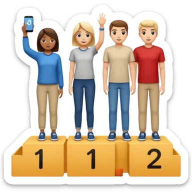 show people on podium in first, second and third place. The podium should be labeled 2, 1, 3. The middle position should only have the number 1.  the people should be dressed causally in regular relaxed clothes

 sticker