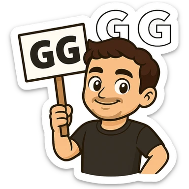 Replace the figure in the second image with the figure from the first image, but keep the sign with the letters 'GG'. Maintain a transparent background. sticker