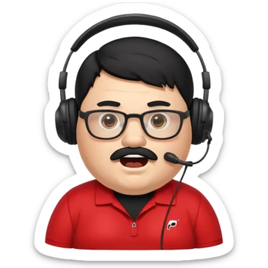 "A cartoon-style emote of a chubby streamer with black hair, mustache, and glasses, wearing a headset and a black Puma shirt. He has a shocked facial expression with wide eyes and an open mouth.

 sticker