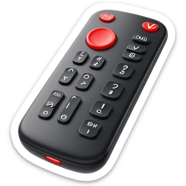 One black tv remote control with red border, frontal face in  2 dimensions. The remote control have to have 4 buttons in black and one big one in red and the play sign sticker