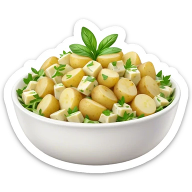 Cinematic Realistic Kartoffelsalat Dish Emoji, showcasing a traditional potato salad with fresh herbs and tangy dressing rendered with lifelike detail and vibrant, natural lighting. sticker