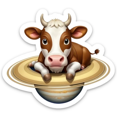 A cow with its head attached to planet Saturn as its body, with Saturn's rings around the middle, and giant realistic human feet at the bottom sticker
