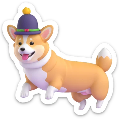 corgi dog jumping with a cute hat sticker