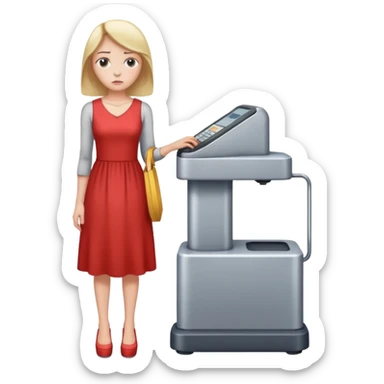 women is standing on weight check machine and she is sad because his weight is not ganaing sticker