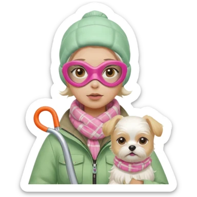 female character in cozy winter outfit, soft pastel green jacket, beige plaid scarf, snorkel mask with pink detailing, holding cute white Maltese dog, angry expression, bright and clear, Apple emoji style sticker