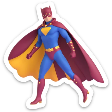 superhero in dark blue and maroon bodysuit with gold accents, digital cape, maroon boots, dynamic stance sticker