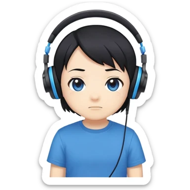 masterpiece, anime style, chibi, illustrated logo, short medium shot, emote for twitch wearing headphones, short black hair, blue t-shirt sticker