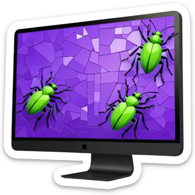 Broken computer screen with poxelated bugs. Color scheme is purple and limegreen sticker
