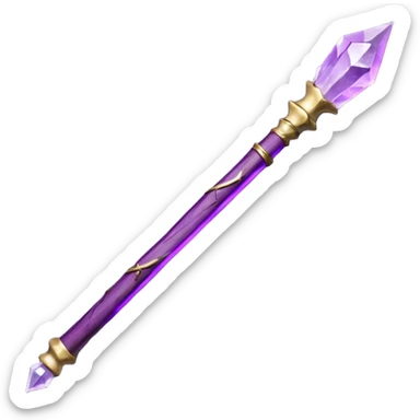 Wand with Heartwood of Silver Birch, 12.5 inches long, Medium flexibility, Tip Inlay: small amethyst hexagonal shard, Finish: Plum-stained lacquer over whitewood core, giving the wand a soft, moonlit glow in dim light. sticker