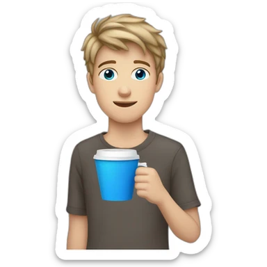 white blue eyed teen boy with dark blonde hair with a disposable cup of coffee in his hands sticker