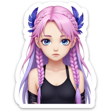 Gorgeous beautiful pretty grumpy anime lady long-pale-whitish-pastel-pink-hair with one braid on each side, hanging gradient-purple-pink feather-ear-cuffs in hair, black bodysuit, blue eyes, pink iris, ethereal, fashion aesthetic  sticker