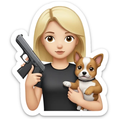 Blonde girl with brown eyes holding a glock in one hand and a puppy in another hand sticker