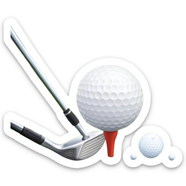 A golf ball on a tee with a golf club placed beside it, set against the backdrop of a well-manicured green golf course. The scene emphasizes the equipment and serene atmosphere of the sport, with soft lighting and a peaceful, open landscape sticker