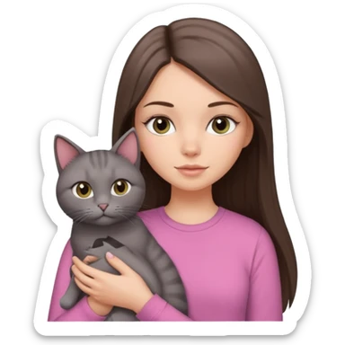 a white girl with brunette long straight hair holding a grey cat. the girl has long lashes and has on a pink shirt. sticker