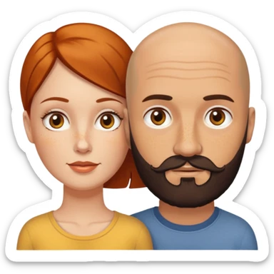 Couple. Bald man with dark brown-black beard. White woman with many small, faded freckles, white skin and she has auburn-yellow-brown-caramel, dark hair. She has light orange-brown eyes. The man have hazel eyes. Retro style. sticker