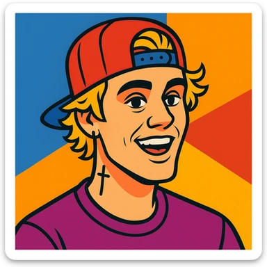 Justin Bieber illustrated portrait, modern pop star look, detailed, energetic expression sticker