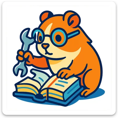 studious guinea pig with glasses, holding a wrench and fixing a book, vibrant toon style sticker