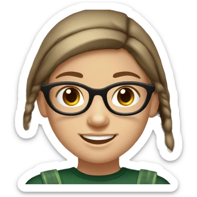 Slavic girl, light skin, smiling with teeth, round brown eyes, spotted frame glasses, long brown straight highlighted hair, black T-shirt, dark green cap, black badge ribbon sticker