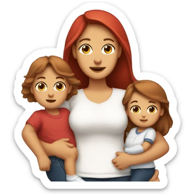 traditional parents with  brown eyes, brown hair and beard, mother wearing t-shirt and pants, and red long hair, and one baby on her arms sticker