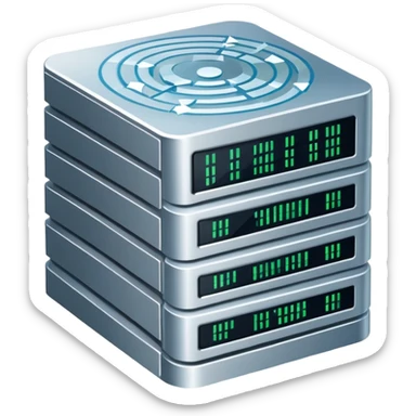 An icon featuring stacked server disks, a digital network grid, and binary code, symbolizing databases. The design includes data flow arrows, representing storage, organization, and retrieval of information. Transparent background highlights data-driven technologies. sticker