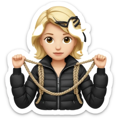 blond female emoji wearing a black down jacket, arms behind the back and ropes tying it sticker