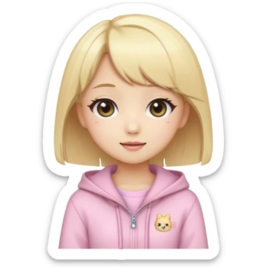 Cute kawaii emoji-style Japanese K-pop girl, blonde hair, trendy K-pop outfit with Japanese cute fashion vibes, big sparkling eyes, chibi proportions, clean lineart, pastel colors, cheerful idol smile, sticker/emoji style, transparent background sticker