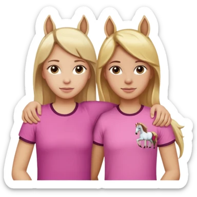 Two Girls with their arms around each other at summer camp one blonde one brown hair brown hair wearing pink horse shirt no horse ears sticker