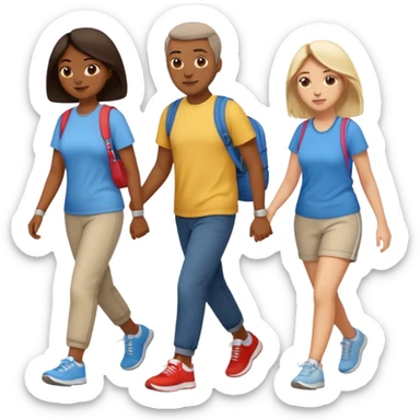 iOS emoji style - a men and 2 women in casual clothes and wearing trainers - friends walking quickly together

 sticker