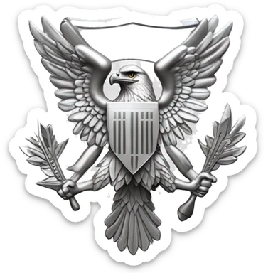 Create an emoji of a silver US Army O-6 Colonel insignia: a detailed silver eagle with outstretched wings, clutching arrows and bearing a shield on its chest. Ensure the background is transparent. The entire thing should be silver sticker