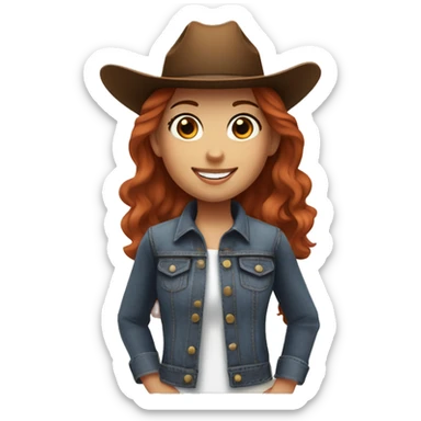 Girl with short red hair, with brown eyes, smiling, wearing a denim jacket and black shirt and brown cowgirl hat, next to her brown horse that has a white hair and spot on her forehead. sticker