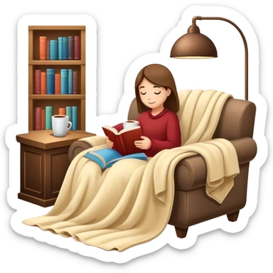 cozy reading nook with blanket, book, and hot drink sticker