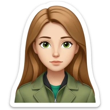 Caucasian girl with elongated face, soft jawline, long straight light brown hair with middle part, almond-shaped brown eyes with black eyeliner, thoughtful expression with slight smile, wearing green jacket sticker