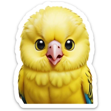 Cinematic Comical Yellow Budgie Portrait Emoji, Head tilted dramatically with an exaggeratedly amused expression, featuring a striking yellow feathered fur with a glossy finish, wide, expressive dark eyes filled with playful disbelief, Simplified yet hilariously expressive features, highly detailed, glowing with a slightly sassy glow, high shine, dramatic yet playful, stylized with an air of cheeky mischief, bright and endearing, soft glowing outline, capturing the essence of a spirited and over-the-top budgie, so meme-worthy it feels like it could side-eye its way into internet fame instantly! sticker