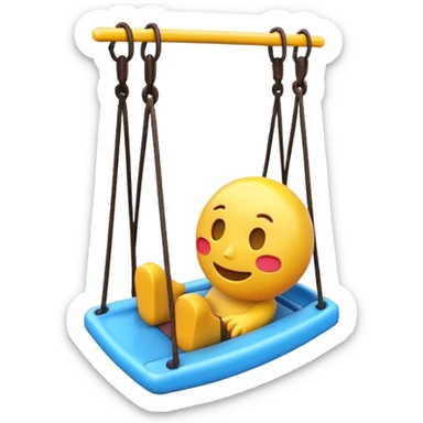 iOS-style 3D emoji: a colorful plastic swing with a safety bar in front, hanging from two ropes, glossy surface and soft shadows sticker