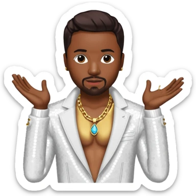 Teddy Riley with dark brown hair, white sequin jacket, shirtless with necklace  sticker