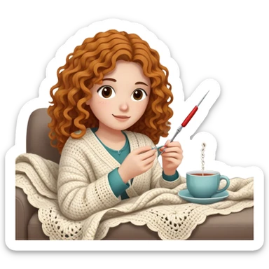 26 year old woman with wavy hair. She is crocheting a garment with a crochet hook and ball of yarn is near her. She is laying on the couch, under a blanket that covers her body and legs. Near her there is a cup of tea sticker