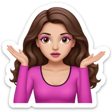 girl with long wavy brown hair, brown eyes, long lashes makeup, sexy pink lips, light to medium complexion, pink sexy top, two hands up, shrugging, confused sticker