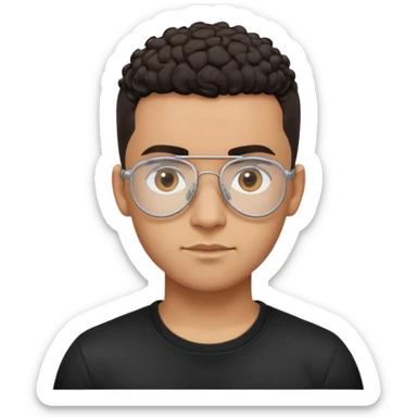 Young Latino man with small oval face and big forehead, clear lens aviator-style eyeglasses with metal frames, completely bald/shaved sides with very short curly dark hair only on top of head, neutral-friendly expression, brown skin, wearing a black t-shirt sticker