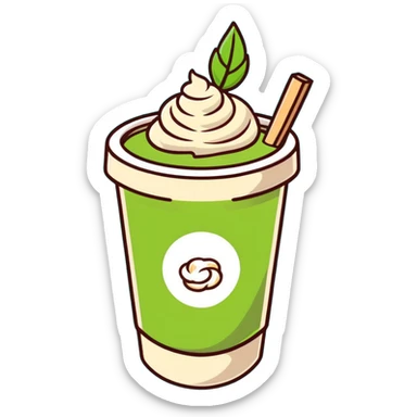 matcha latte in warm olive-brown tones with leaf detail, cute cookie beside it, soft dreamy sticker