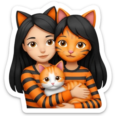 A clean girl with black long hair hugging an orange and a gray cat, both with stripes  sticker