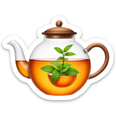 Cinematic realistic emoji depicting a transparent teapot with a realistic wooden lid filled with tea and orange and mint leaves floating in it, rich texture, without unnecessary decoration sticker