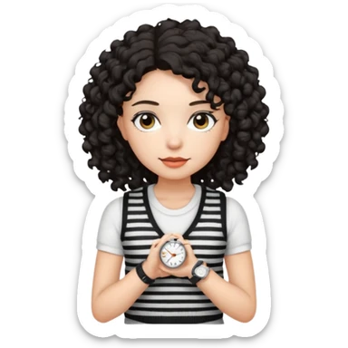 Chica joven con cabello rizado y oscuro, piel clara, vestida con un chaleco tejido blanco con rayas negras y una camiseta blanca debajo. Lleva un reloj plateado  sticker