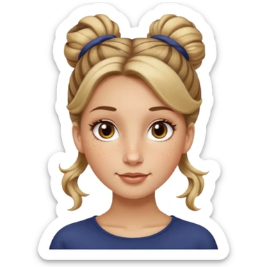 creative women with long dark Blond with highlights semi curly hair white women with hair in a top bun(one bun not two), oval shape face hazel eyes long lashes freckles on the nose high cheek bones sticker