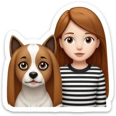 girl with white skin, brown eyes, long straight brown hair, standing next to a white dog with a black face, stripe down the middle, and brown and caramel brown spots on the sides of the mouth sticker