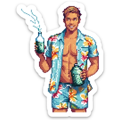 human male Unbuttoned Hawaiian shirt, swim trunks, shaking a cocktail shaker (sparks flying) sticker