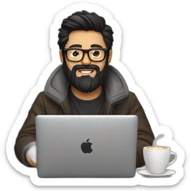 Designer with black hair, beard and glasses working with MacBook and drinking cappuccino  sticker
