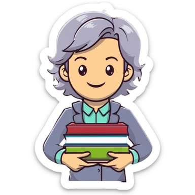smiling English teacher with airtouch hair and grey-green eyes holding a stack of books and papers sticker