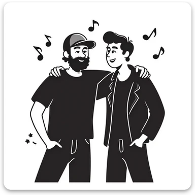 Two male musicians side by side with one arm over the other's shoulder: a 35-year-old with stylized beard, backwards cap, rocker style, and a younger 25-year-old musician, both smiling. Music notes and stars around them. Other band members celebrating in the background. sticker