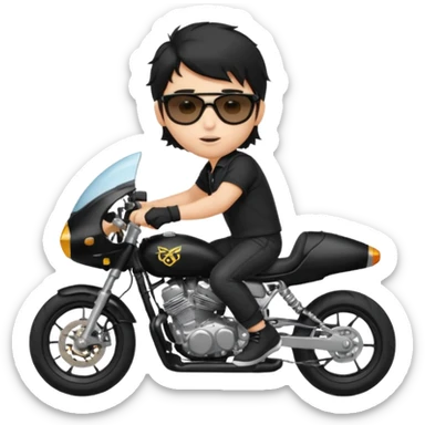 generate a pretty fair bratz boy with a messy mullet (black hair), wearing a BLACK polo.  on a superbike sticker
